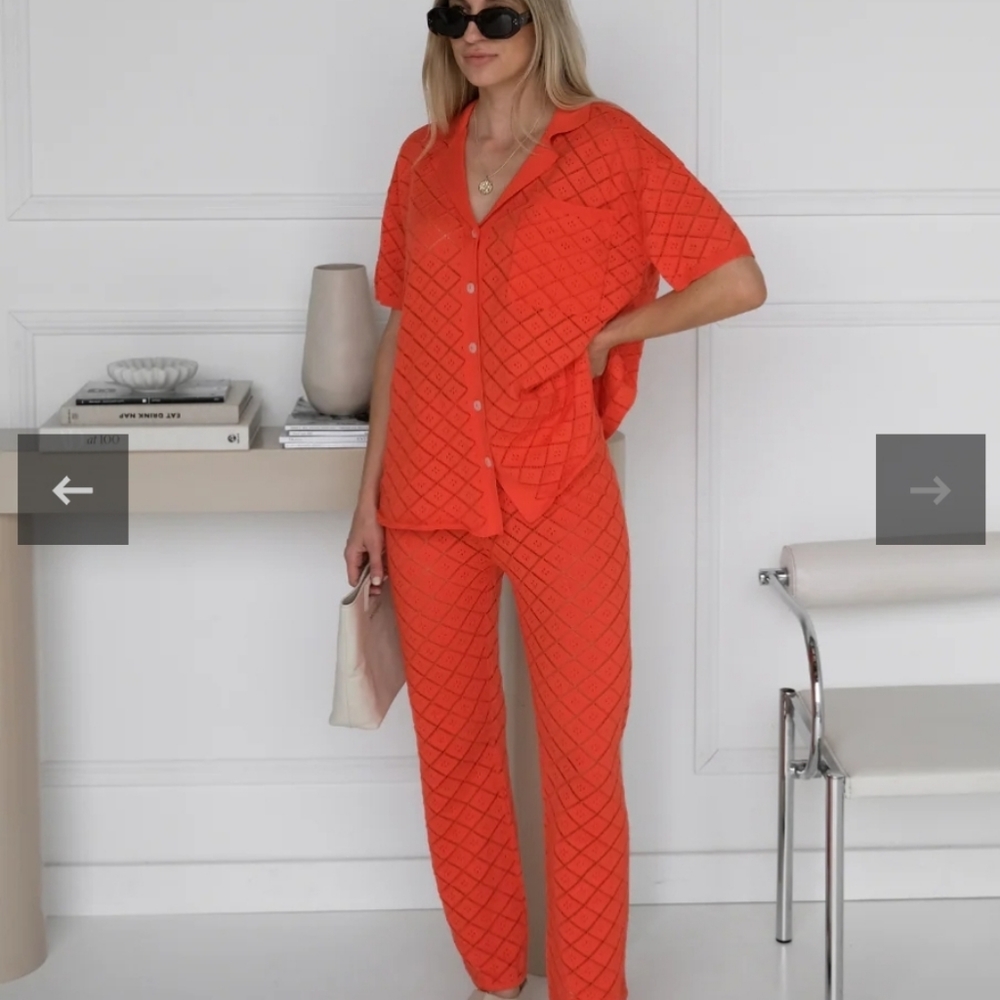 SET Sienna Knit Pointelle shirt blouse &Pants - Tomato 
